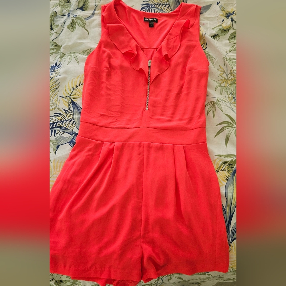 Coral Sleeveless Romper with Zipper